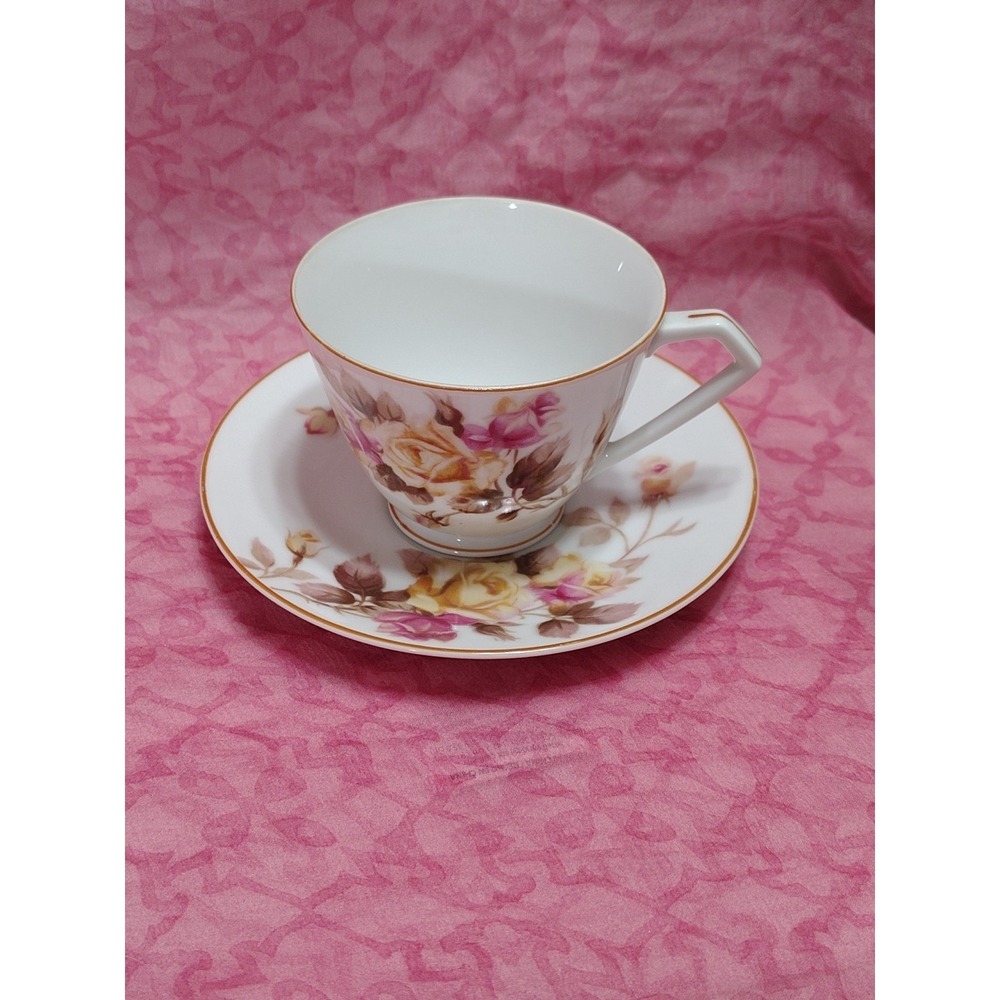 Vintage Nippon Toki Kaisha China Noritake Tea Cup Saucer Soft Pink Yellow Roses